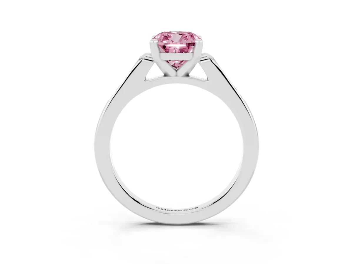 Fancy Pink Cushion Cut Diamond Solitaire Ring with Channel Set Round Band and Prong Setting Silver
