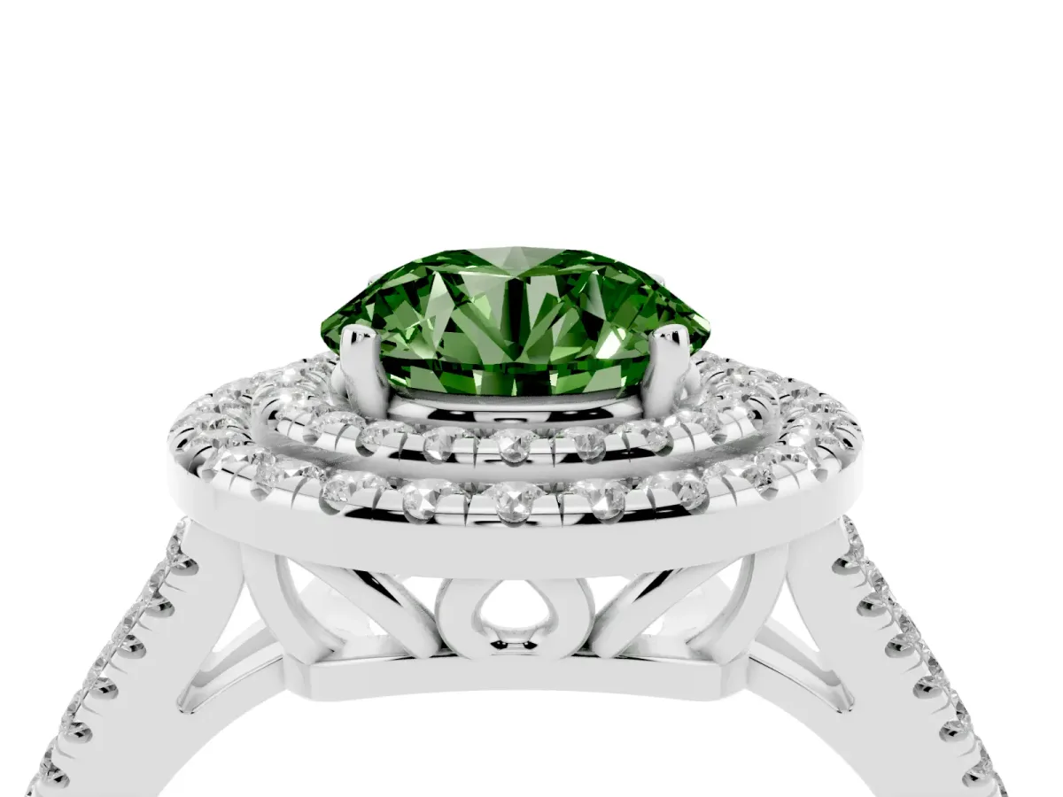 Fancy Green Round Cut Diamond Double Halo Ring with Pavé Band and Prong Setting Platinum