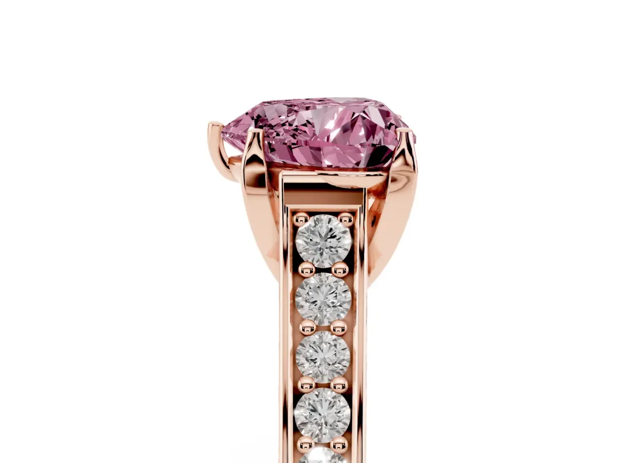 Fancy Pink Heart Cut Brilliant Cut Diamond Engagement Ring with Pavé Band and Four-Prong Setting Rose gold
