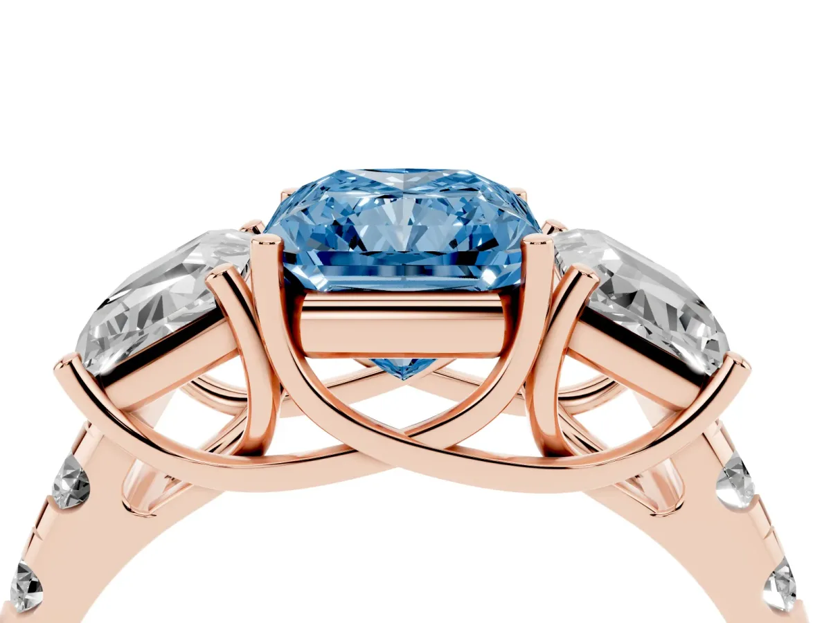 Fancy Blue Three-Stone Radiant Cut Diamond Pavé Band with Prong Setting Rose gold