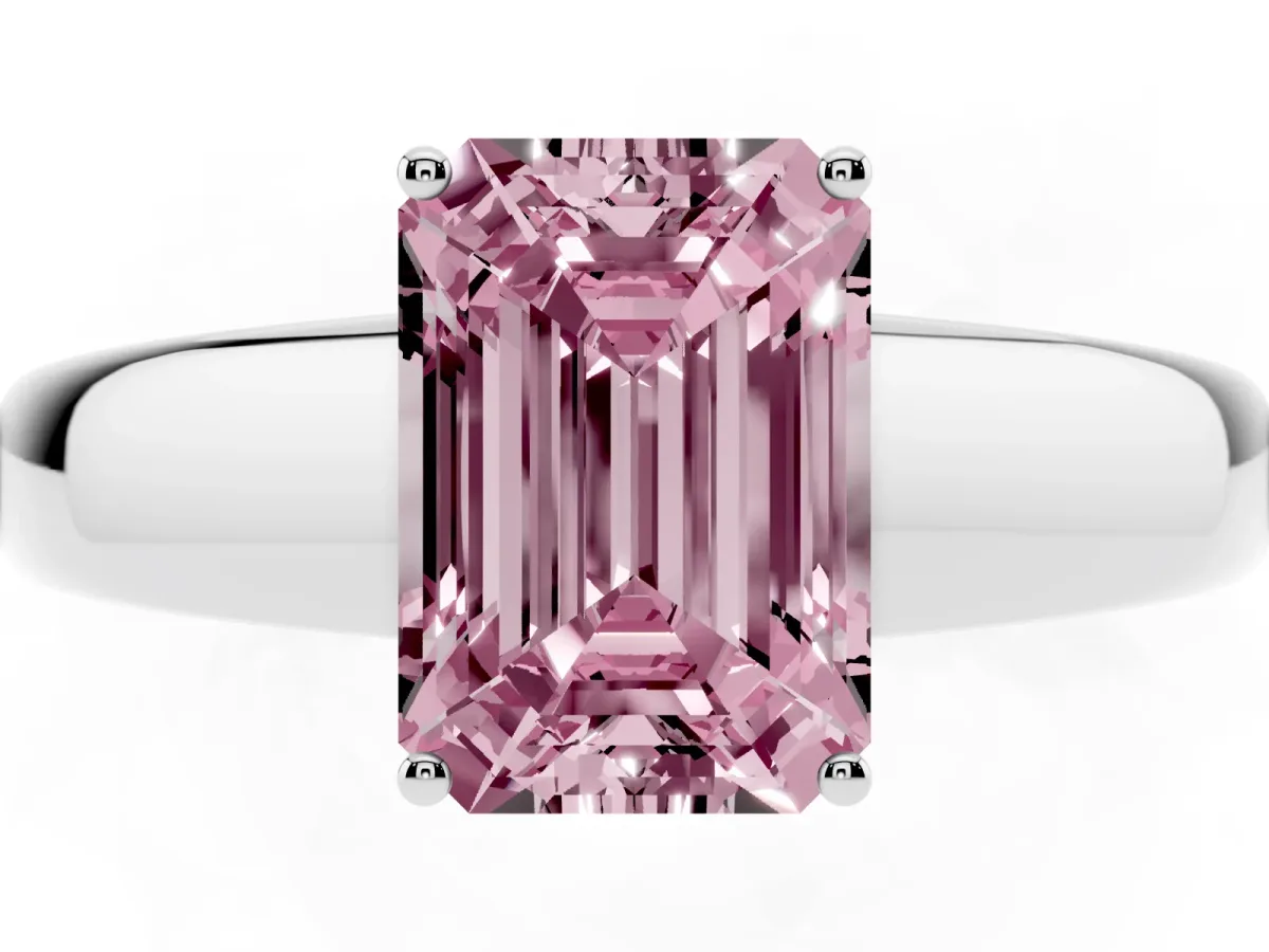 Fancy Pink Emerald Cut Solitaire Diamond Ring with Tapered Band and Four-Prong Setting White gold