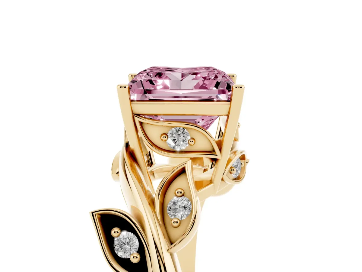 Fancy Pink Princess Cut Solitaire Twist Engagement Ring with Leaf Accents and Prong Setting Yellow gold