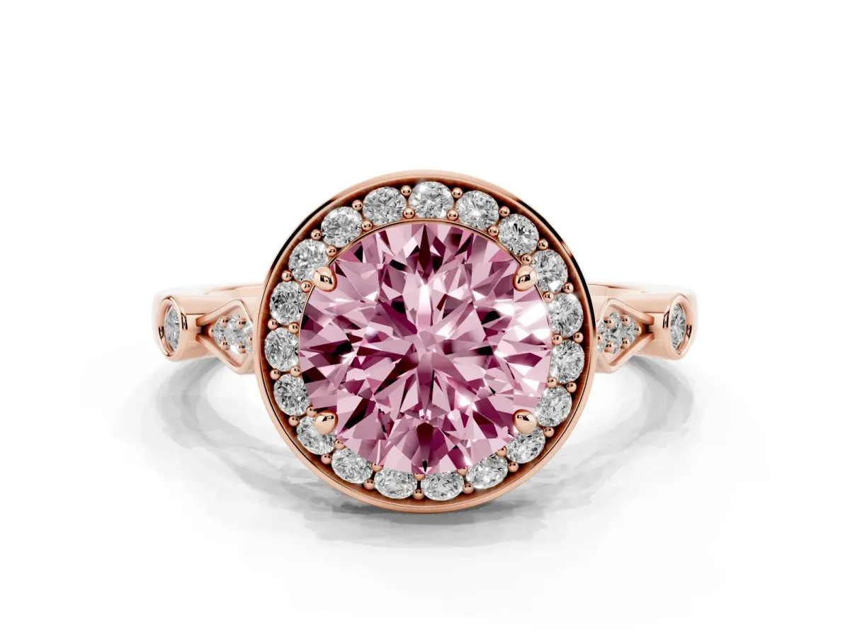 Fancy Pink Round Cut Halo Diamond Engagement Ring with Twisted Band and Four-Prong Setting Rose gold