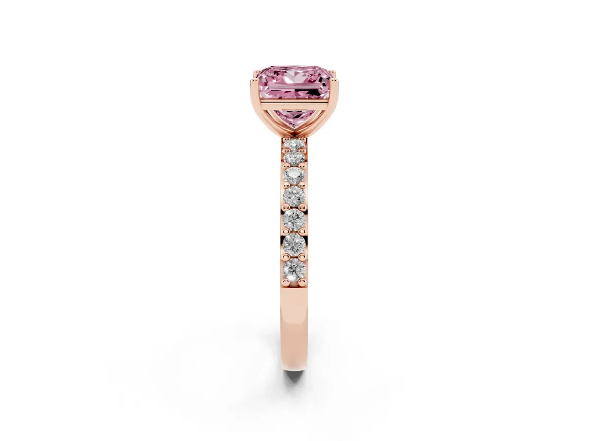 Fancy Pink Princess Cut Cut Diamond Solitaire with Pave Band and Four-Prong Setting Rose gold