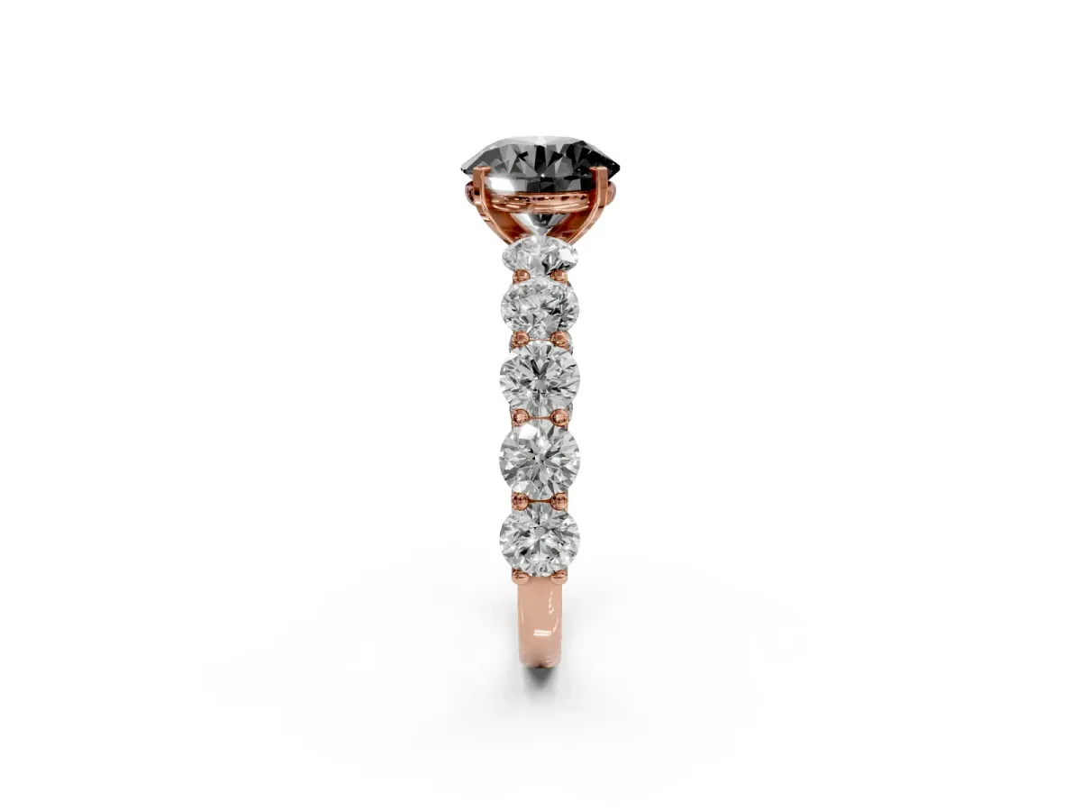 Fancy Black Round Cut Diamond Prong Setting with Side Stones on a Pave Band Rose gold