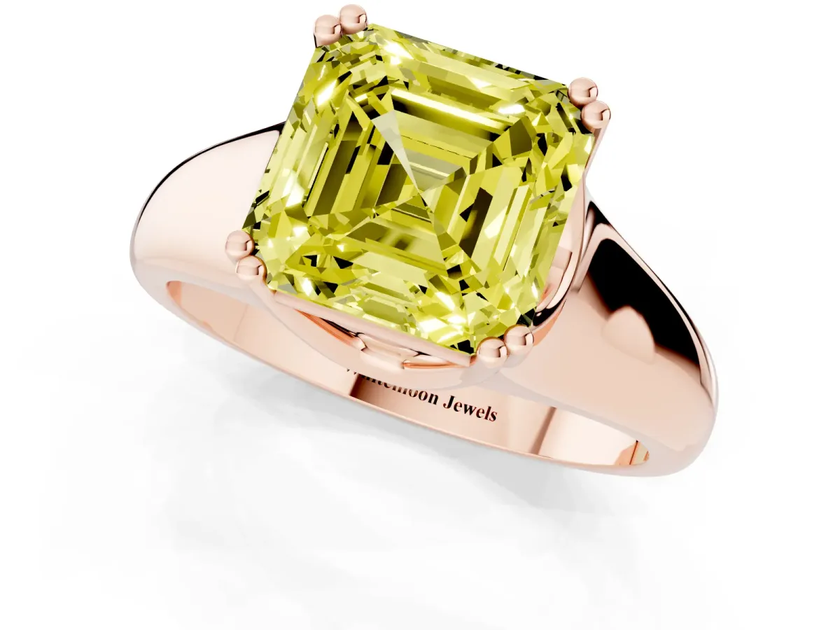 Fancy Yellow Asscher Cut Diamond Solitaire Ring with Wide Band and Prong Setting Rose gold