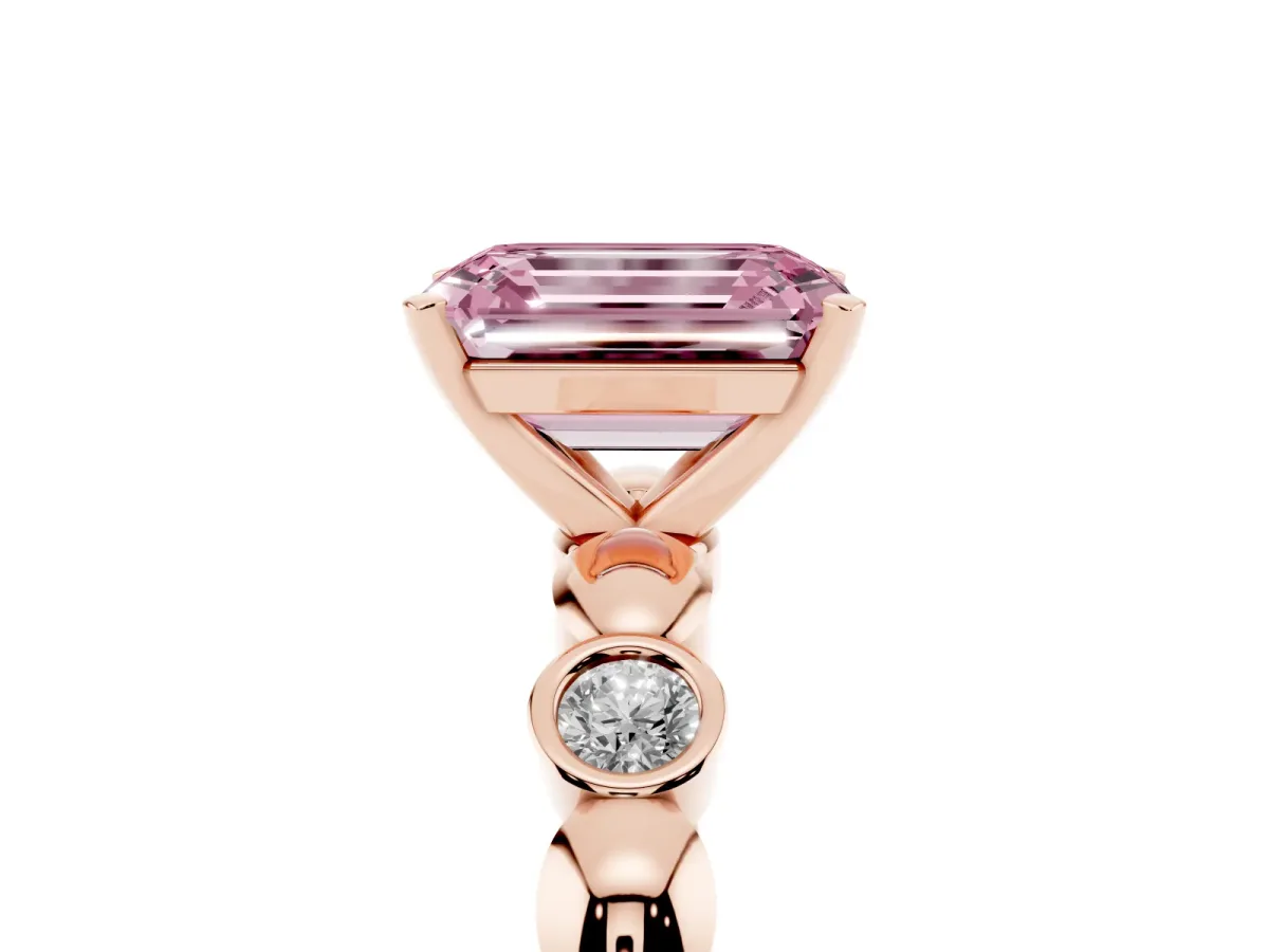 Fancy Pink Emerald Cut Solitaire Bezel-Set Diamond Ring with Beaded Band and Four-Prong Setting Rose gold