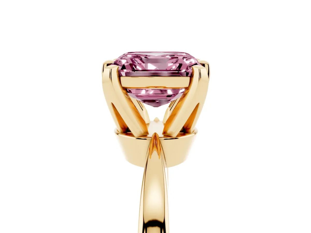 Fancy Pink Asscher Cut Solitaire Engagement Ring with Six-Prong Setting and Tapered Band Yellow gold