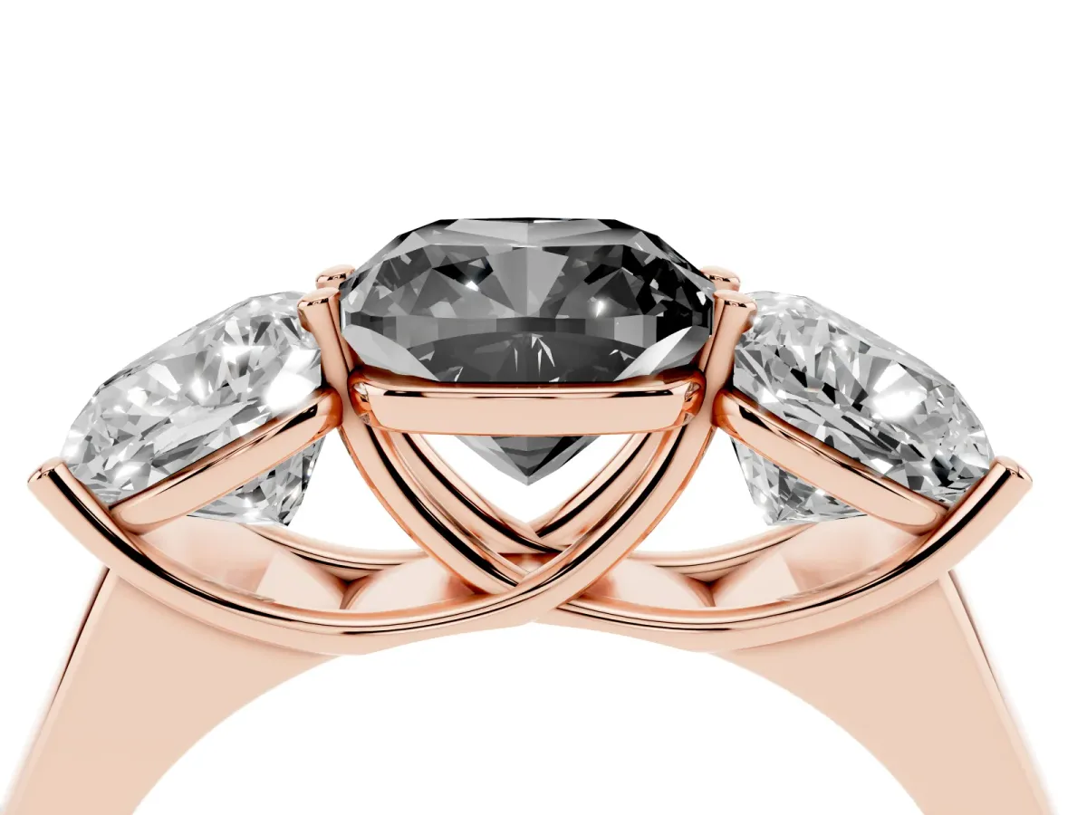 Fancy Black Cushion Cut Three-Stone Diamond Ring with Prong Setting on a Classic Band Rose gold