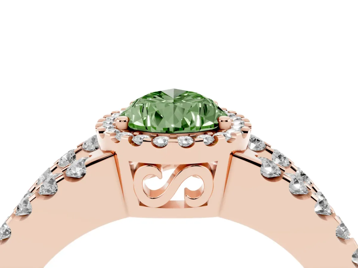 Fancy Green Pear Cut Cut Halo Split Shank Diamond Ring with Four-Prong Setting Rose gold