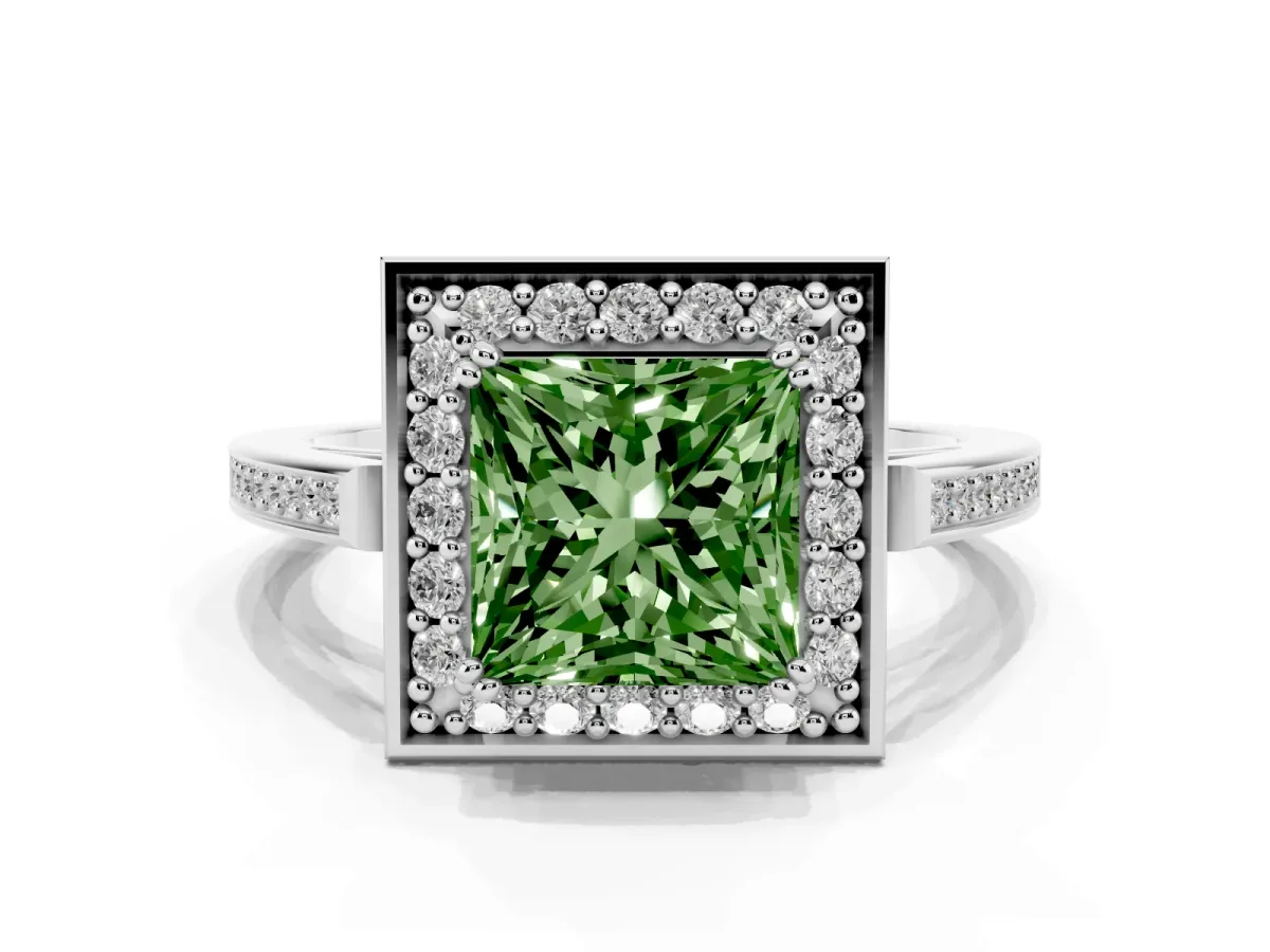 Fancy Green Princess Cut Diamond Halo Ring with Split Shank and Four-Prong Setting Silver