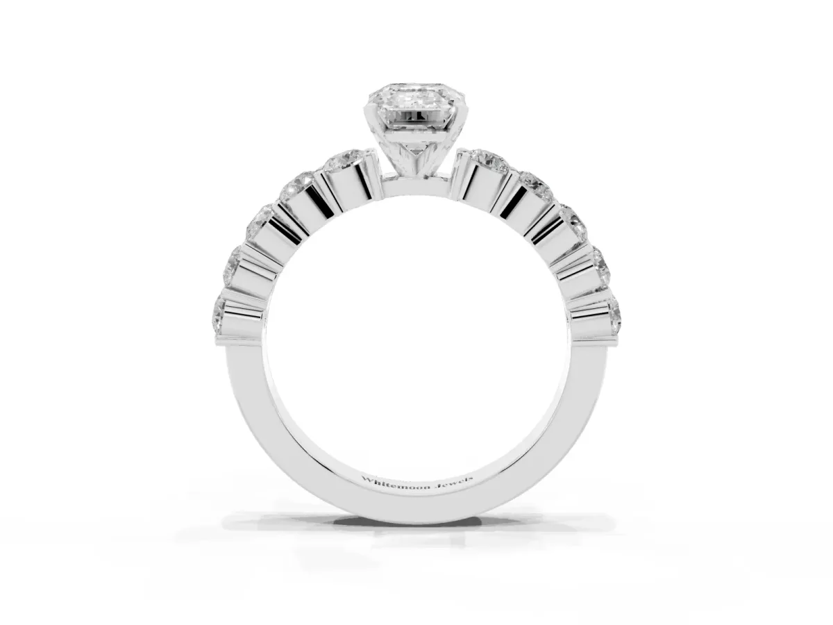 Emerald Cut Diamond Solitaire Ring with Shared Prong Round Side Stones Platinum