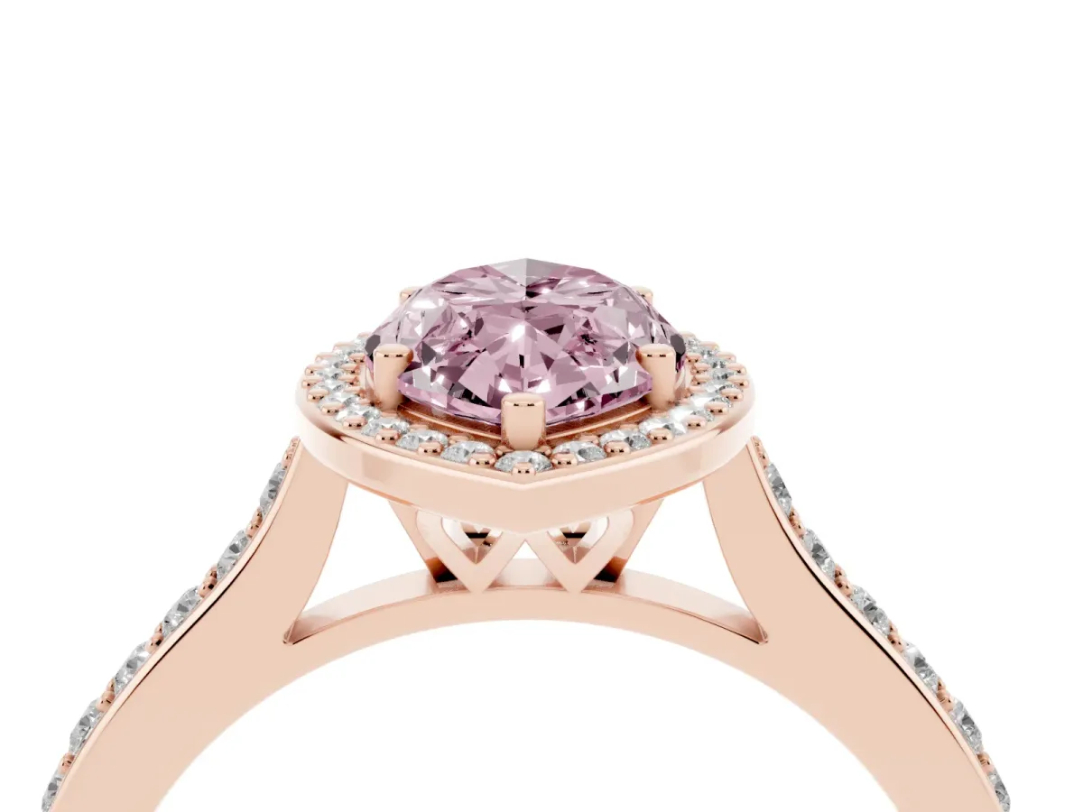 Fancy Pink Marquise Cut Diamond Halo Engagement Ring with Round Pavé Shoulders and Prong Setting Rose gold