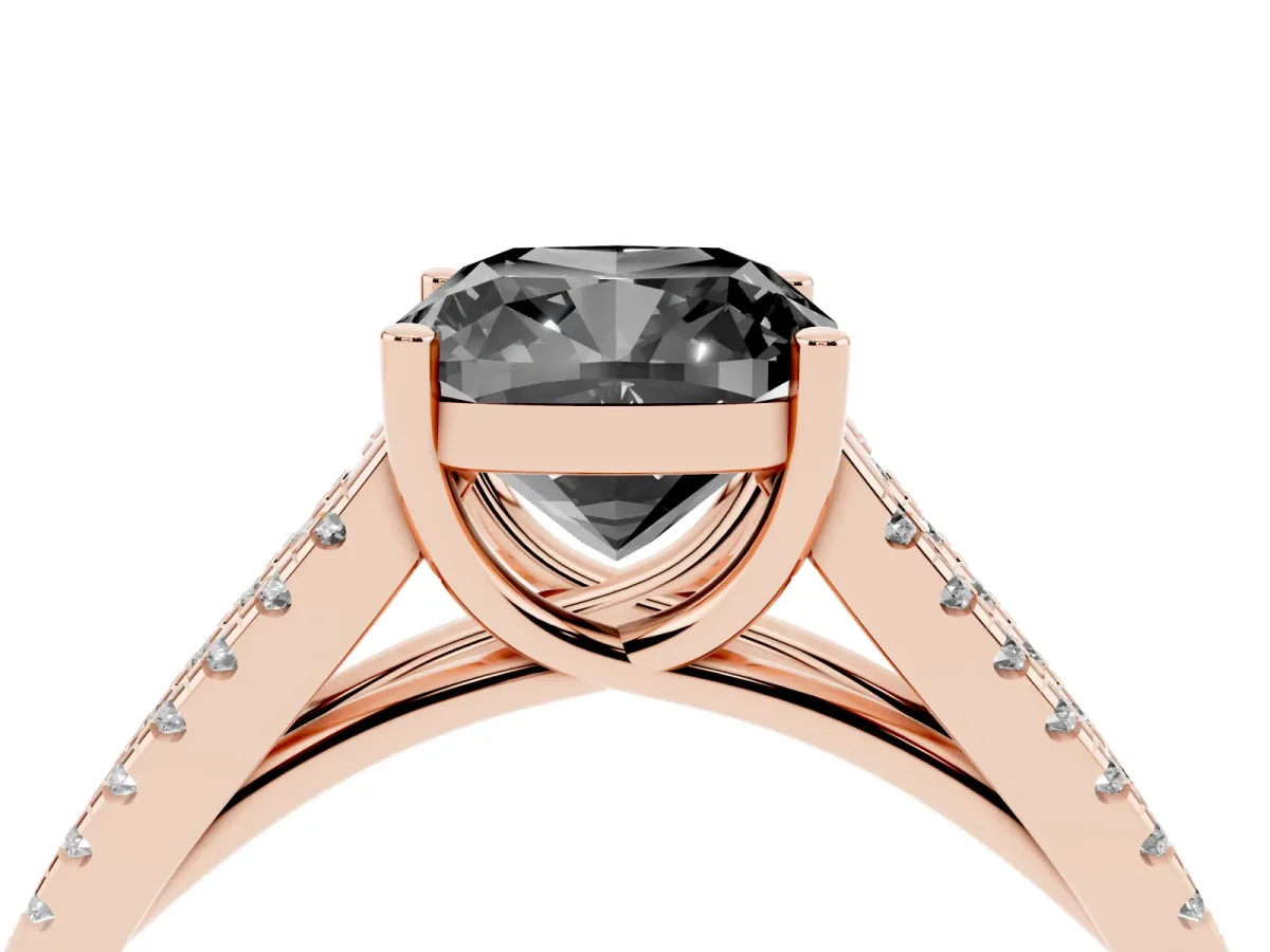 Fancy Black Cushion Cut Diamond Solitaire Engagement Ring with Split Shank Pavé Band Rose gold