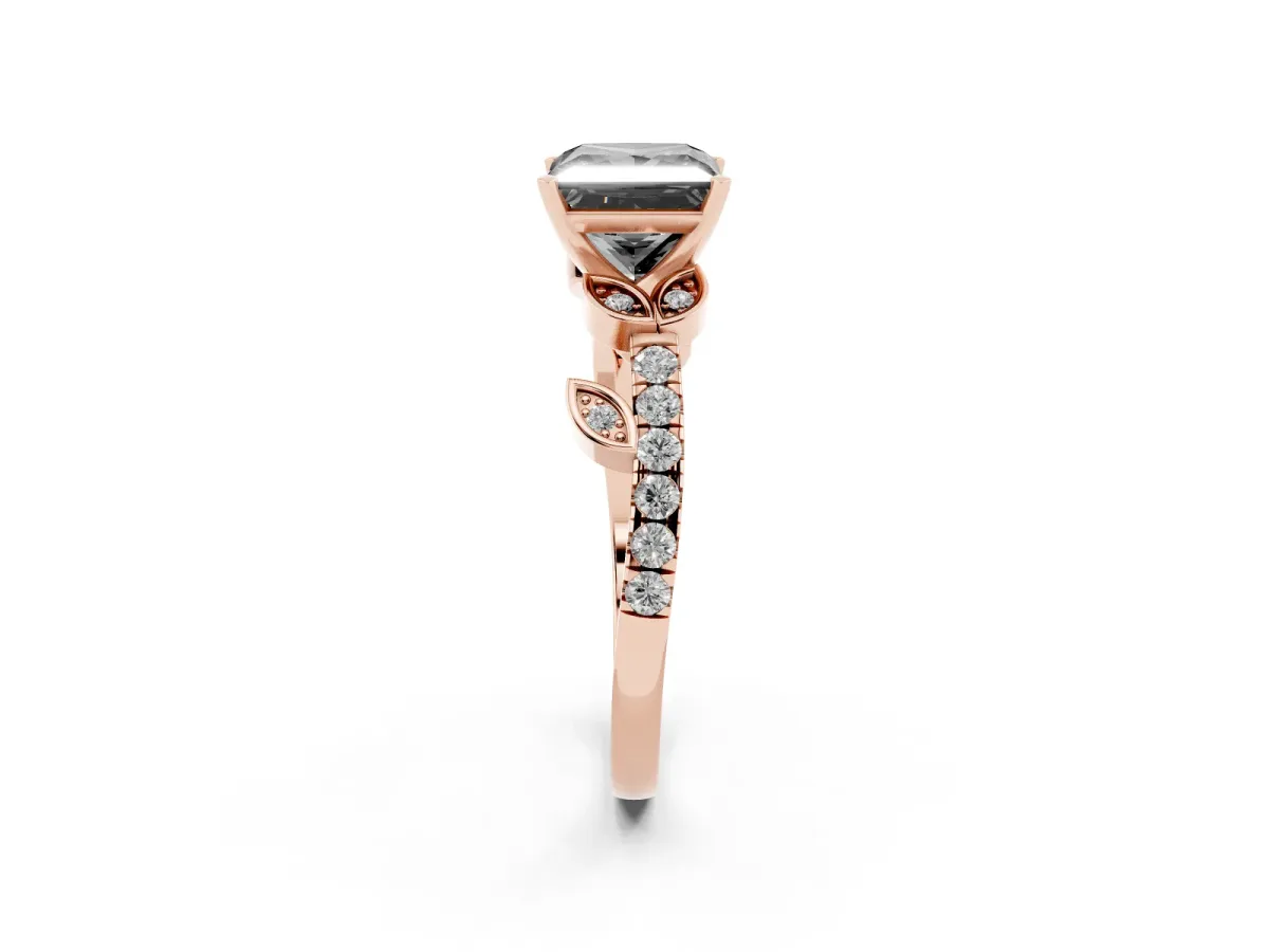 Fancy Black Princess Cut Solitaire Leaf-Inspired Diamond Ring with Pavé Band and Four-Prong Setting Rose gold