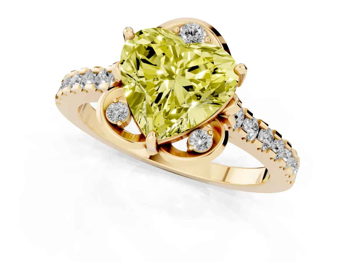 Fancy Yellow Heart Cut Diamond Ring with Pavé Band and Floral Prong Setting Yellow gold