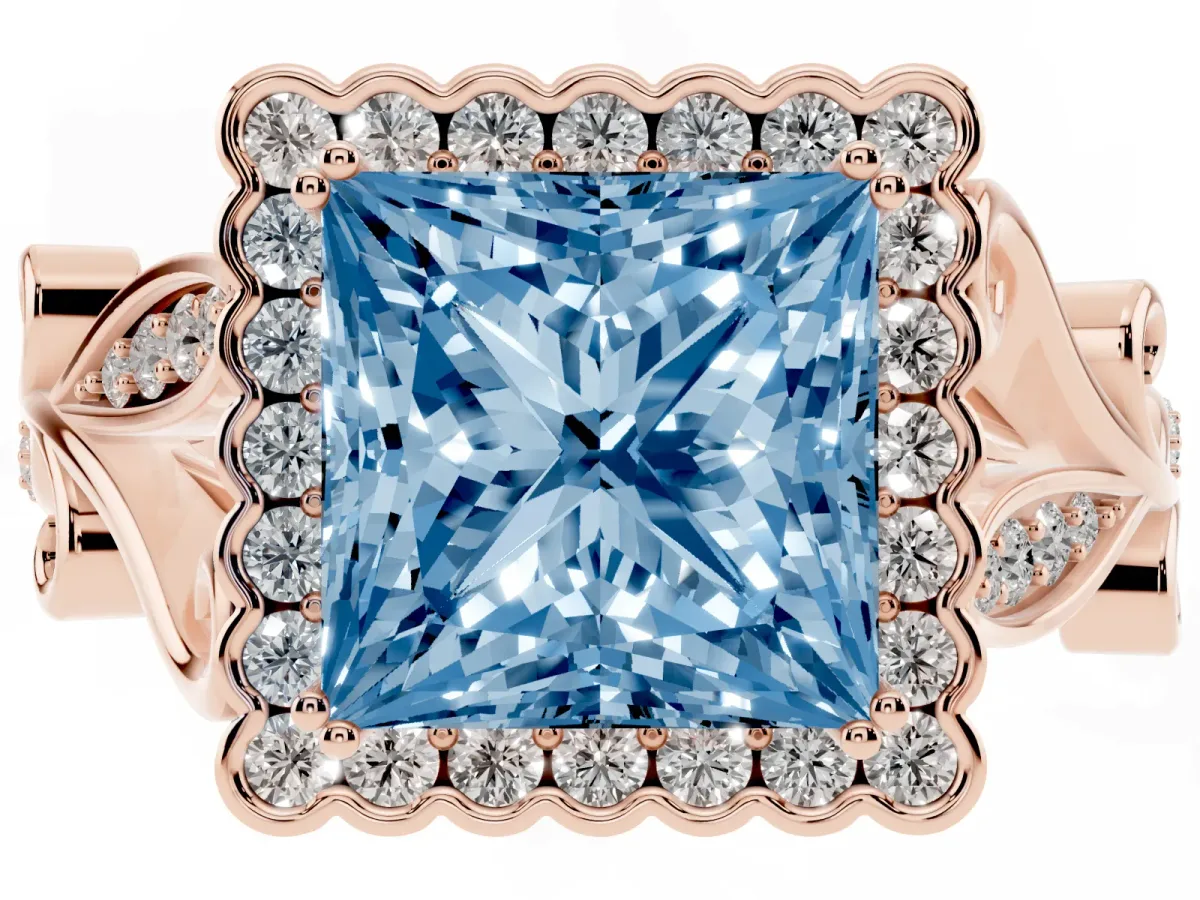 Fancy Blue Princess Cut Diamond Halo Ring with Vintage Split Shank and Four-Prong Setting Rose gold
