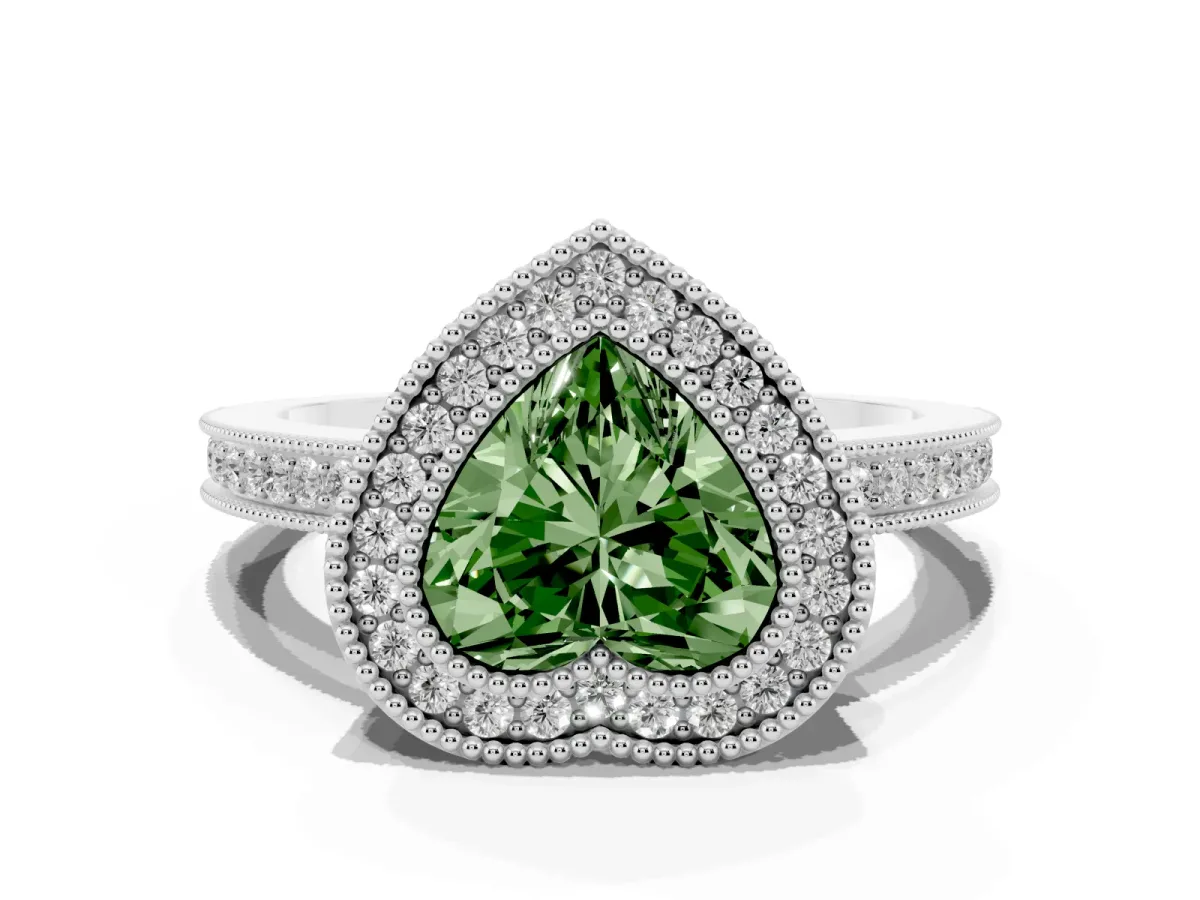 Fancy Green Heart Cut Cut Halo Diamond Ring with Pavé Band and Milgrain Prong Setting Silver