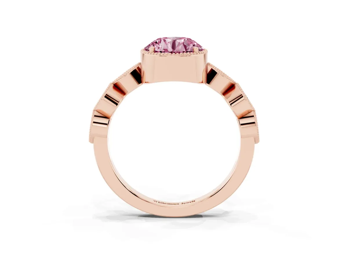 Fancy Pink Round Cut Diamond Vintage Milgrain Ring with Round Stations Rose gold