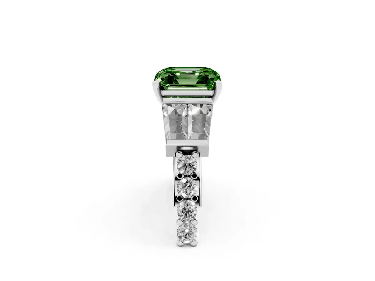 Fancy Green Asscher Cut Diamond Engagement Ring with Baguette Side Stones and Channel Set Band White gold