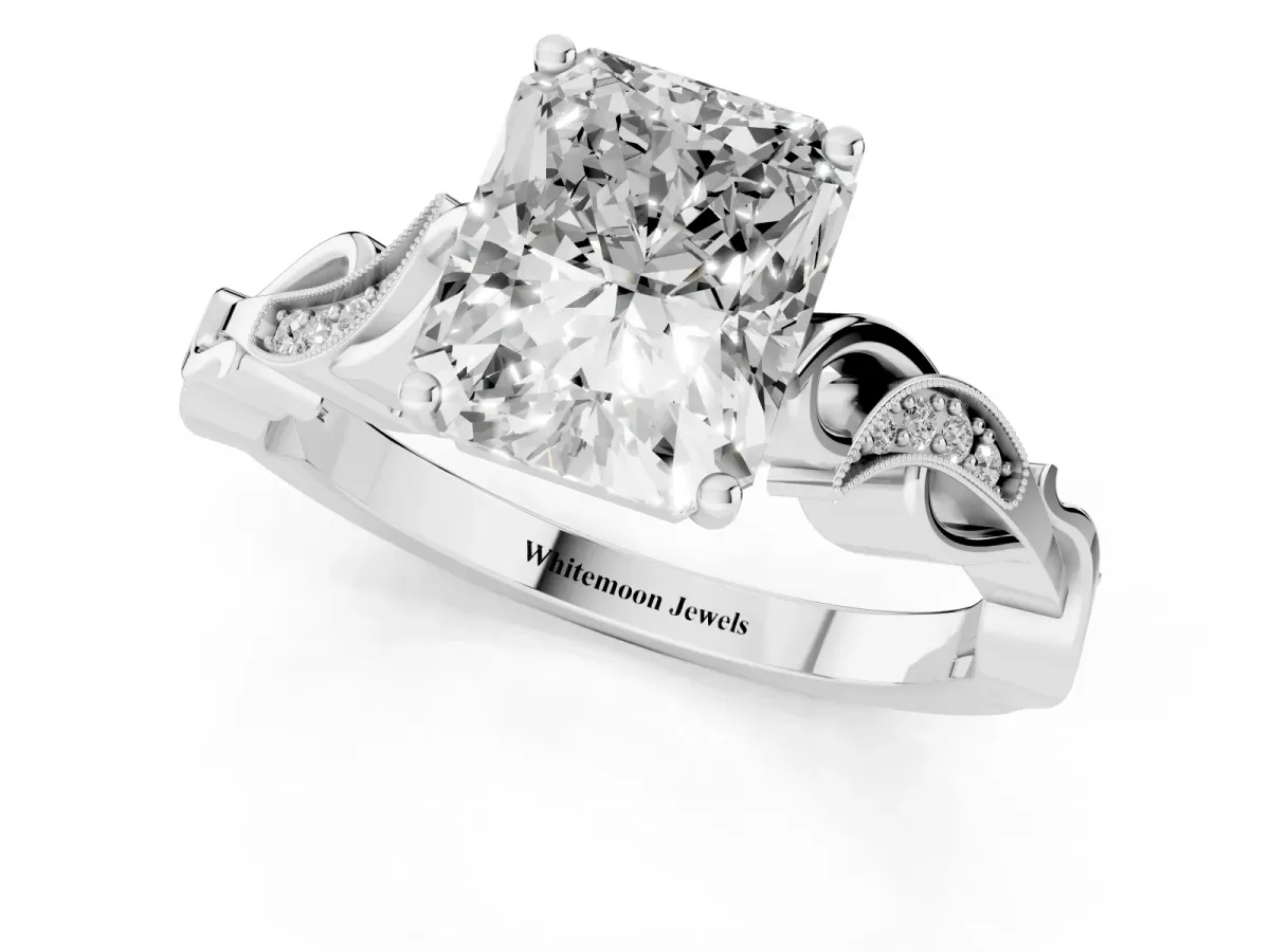Radiant Cut Solitaire Vine Band with Milgrain Prong Setting Platinum