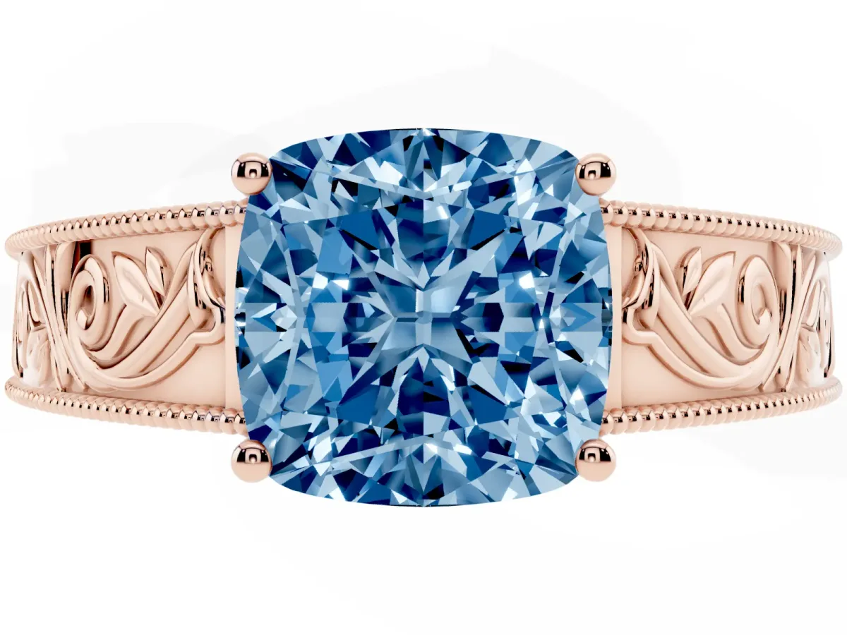 Fancy Blue Cushion Cut Diamond Solitaire Ring with Engraved Band and Four-Prong Setting Rose gold