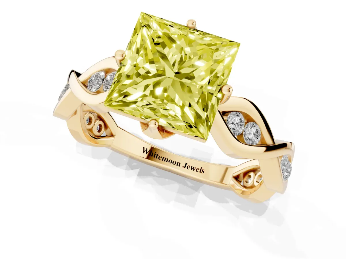 Fancy Yellow Princess Cut Solitaire Twist Band with Leaf Prong Setting Yellow gold