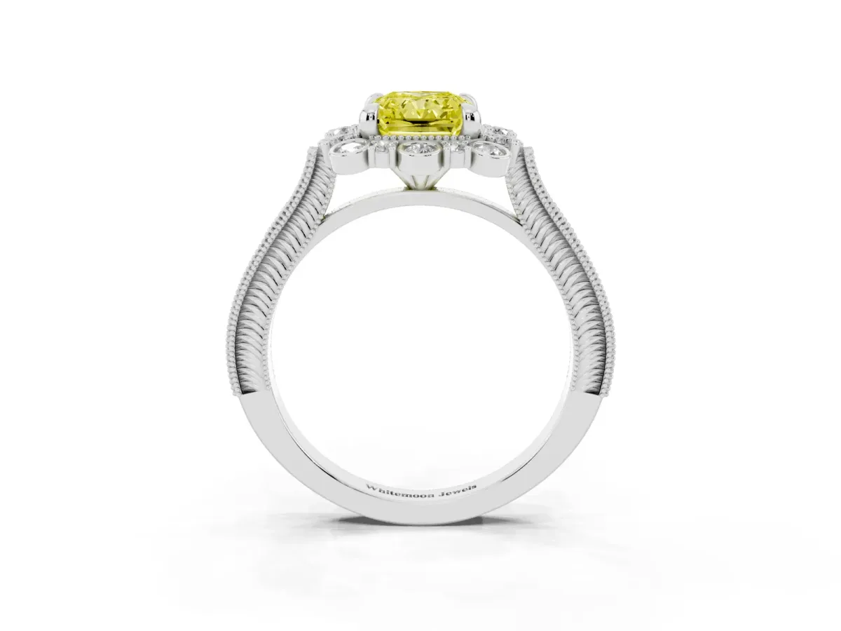 Fancy Yellow Radiant Cut Halo Milgrain Pave Diamond Ring with Four-Prong Setting White gold