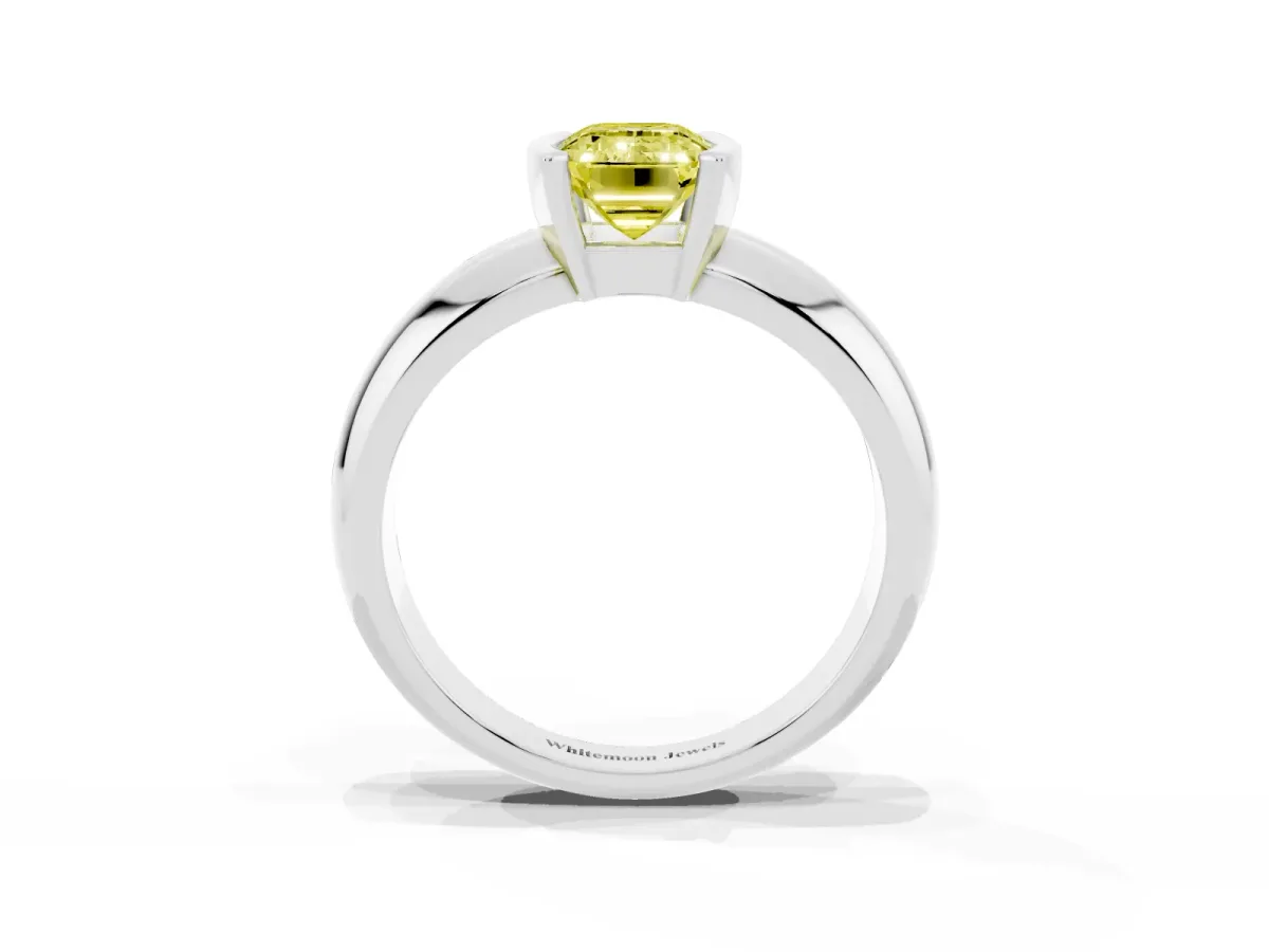 Fancy Yellow Emerald Cut Solitaire Tension Set Diamond Ring with Wide Band Silver