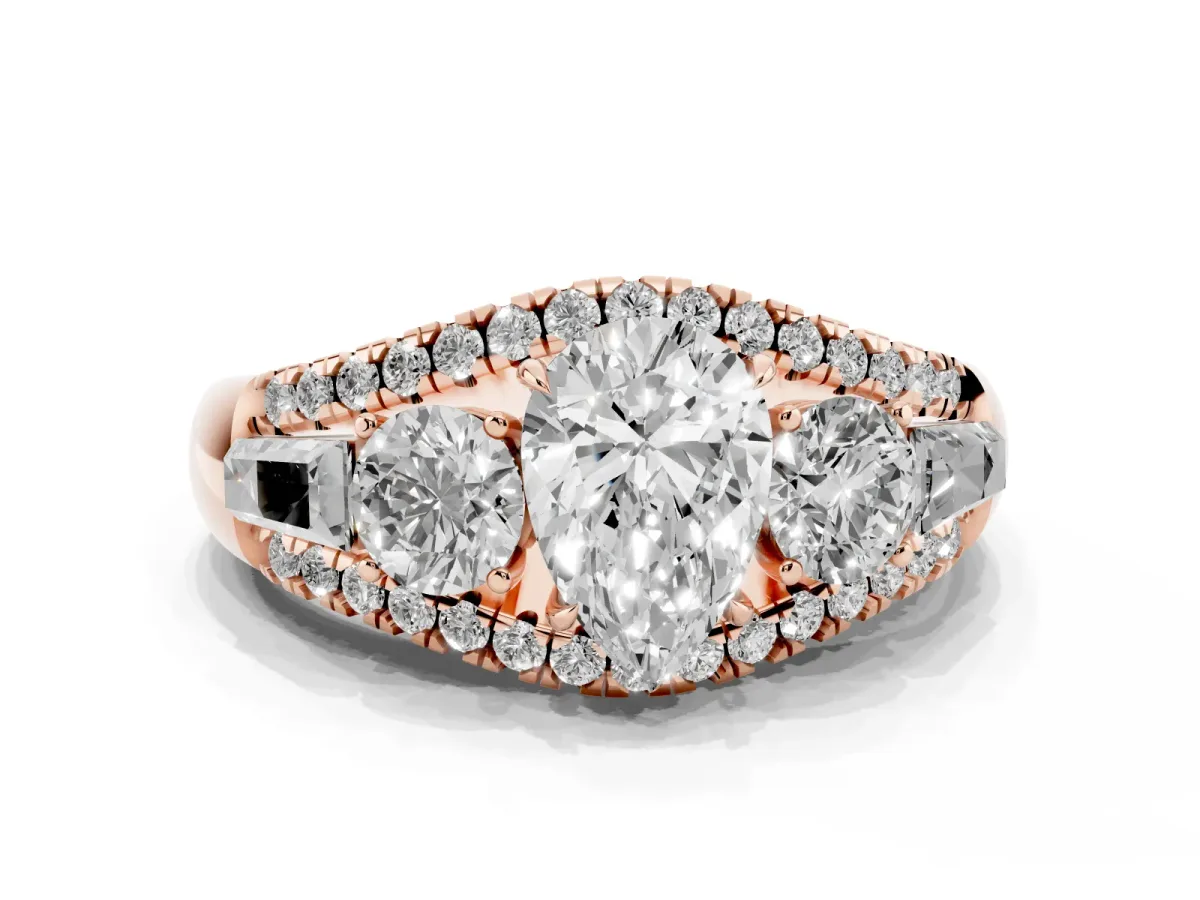 Three-Stone Pear Cut Diamond Engagement Ring with Pave Band and Prong Setting Rose gold