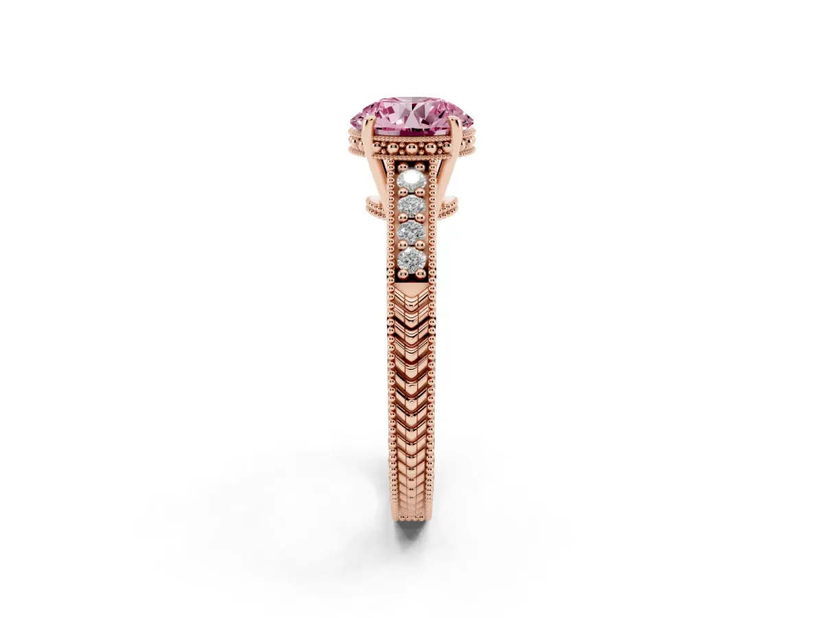 Fancy Pink Round Cut Solitaire Pavé Diamond Milgrain Engagement Ring with Four-Prong Setting Rose gold