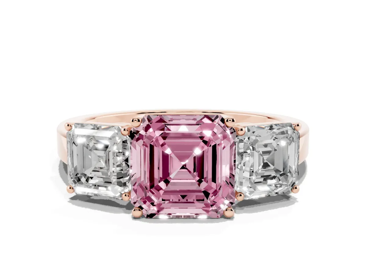 Fancy Pink Three-Stone Asscher Cut Cut Diamond Engagement Ring with Flat Band and Four-Prong Setting Rose gold