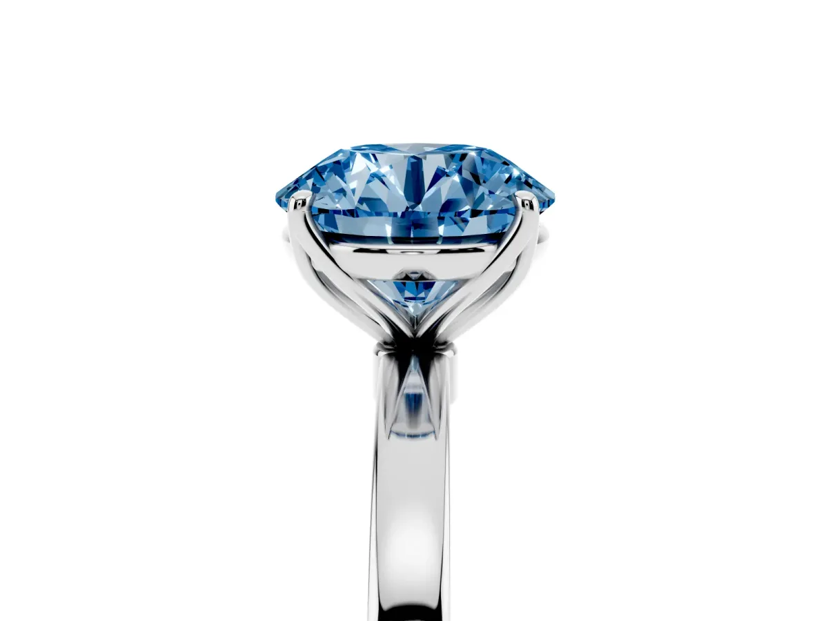 Fancy Blue Round Cut Diamond Solitaire Ring with Thin Band and Prong Setting Silver
