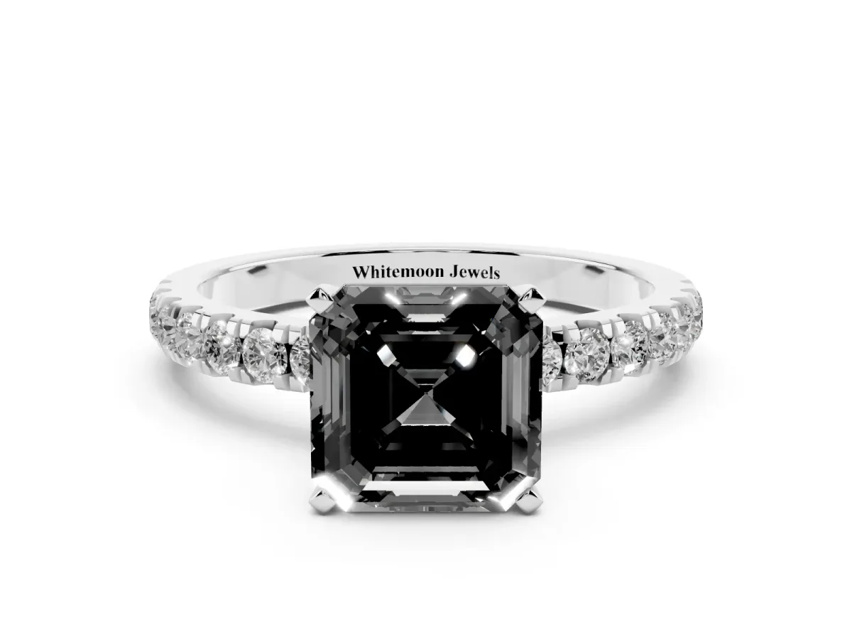 Fancy Black Asscher Cut Diamond Solitaire Ring with Pavé Accents and Four-Prong Setting Silver