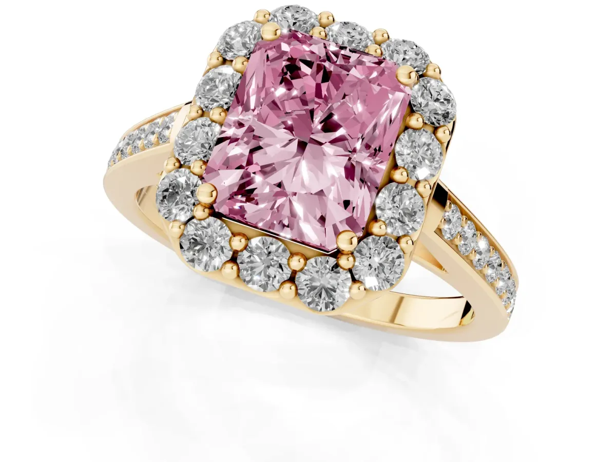 Fancy Pink Radiant Cut Diamond Floral Halo Ring with Pavé Band and Prong Setting Yellow gold