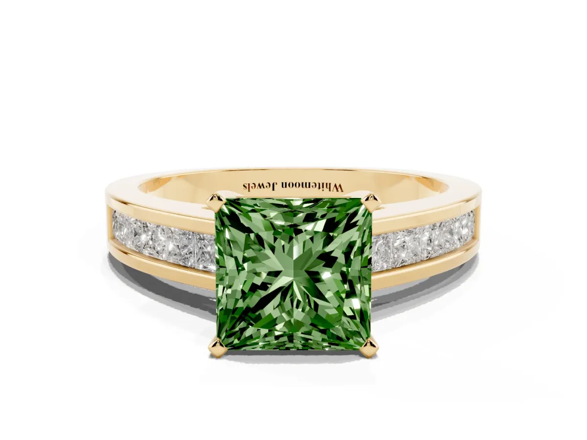 Fancy Green Princess Cut Solitaire Diamond Ring with Channel-Set Band and Four-Prong Setting Yellow gold