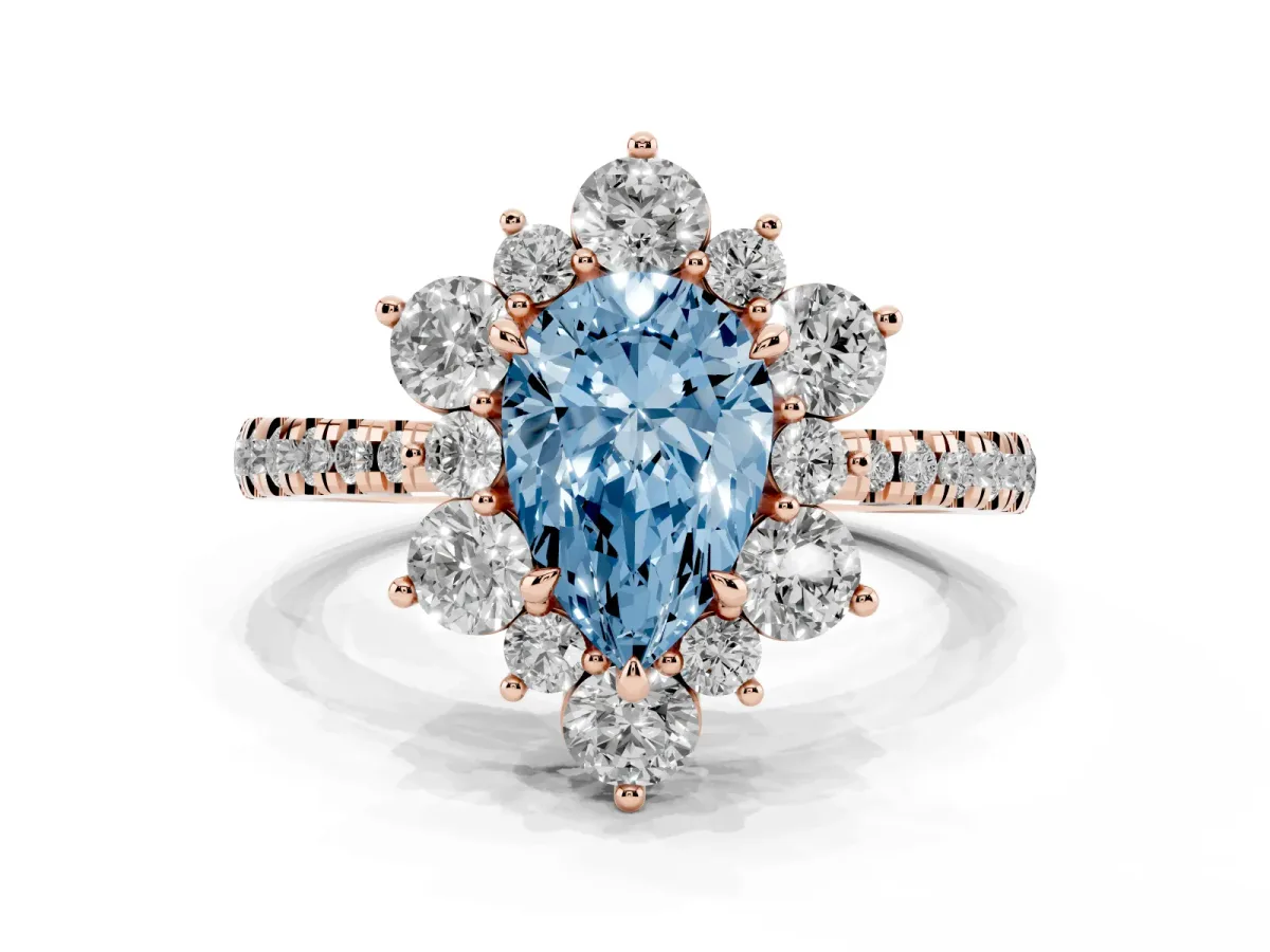 Fancy Blue Pear Cut Diamond Floral Halo Ring with Round Pavé Band and Prong Setting Rose gold
