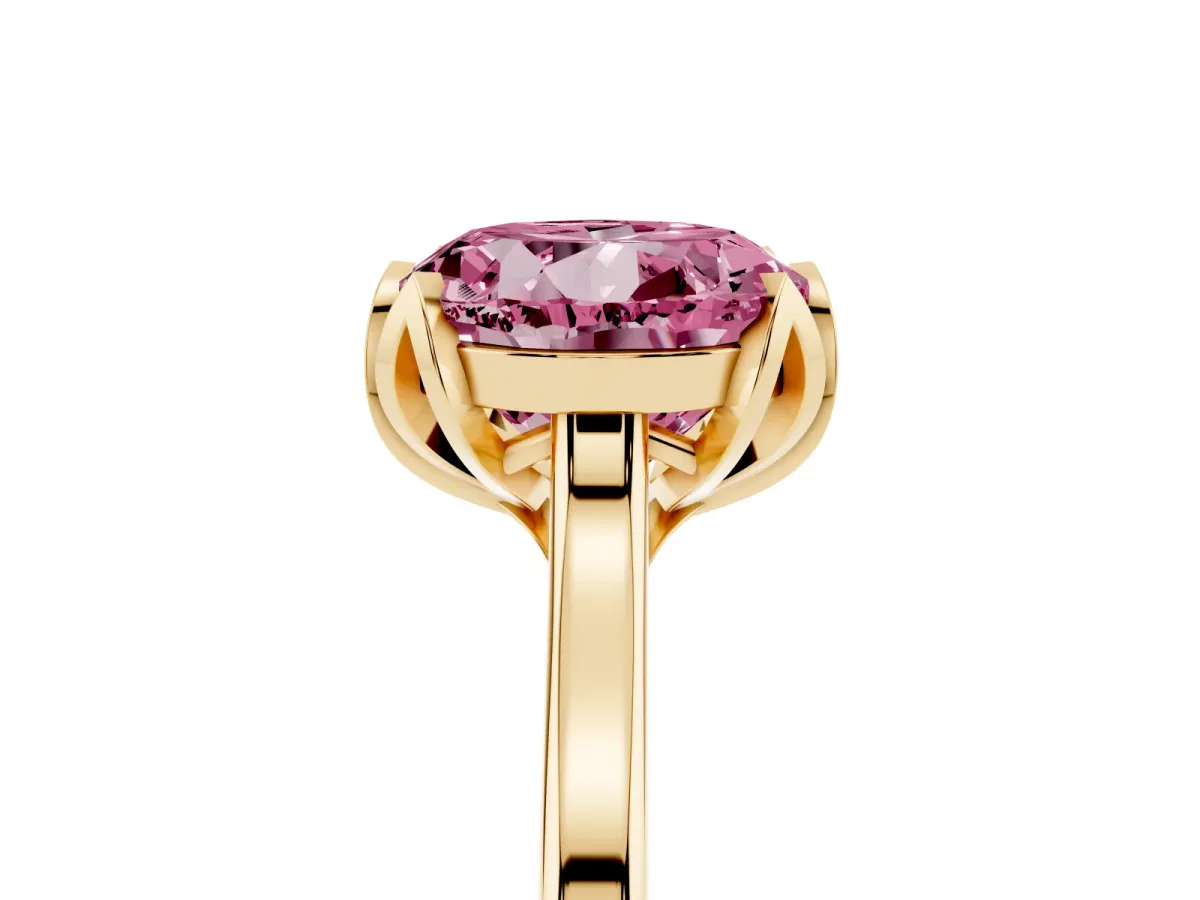 Fancy Pink Round Cut Diamond Solitaire Ring with Flower Prong Setting and Classic Band Yellow gold