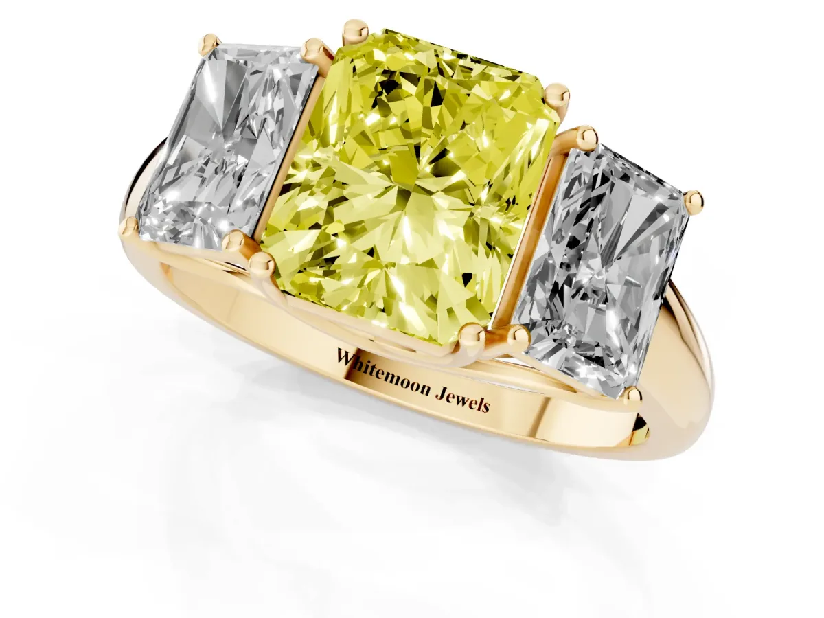 Fancy Yellow Three-Stone Radiant Cut Diamond Engagement Ring with Prong Setting Yellow gold