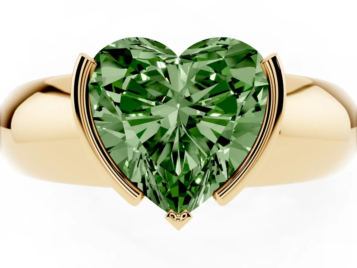 Fancy Green Heart Cut Solitaire Tension Set Diamond Ring with Wide Band Yellow gold