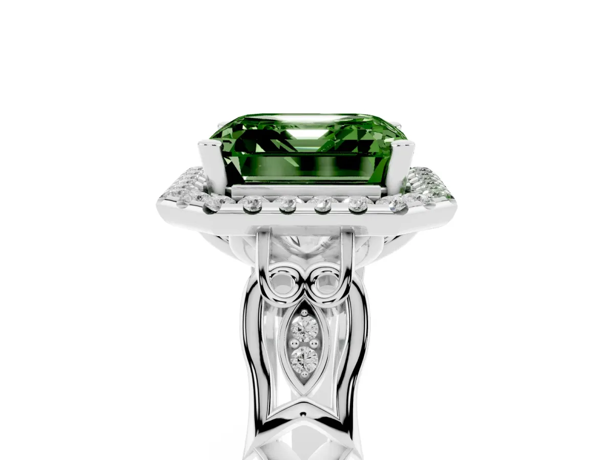 Fancy Green Asscher Cut Halo Diamond Engagement Ring with Filigree Band and Four-Prong Setting White gold