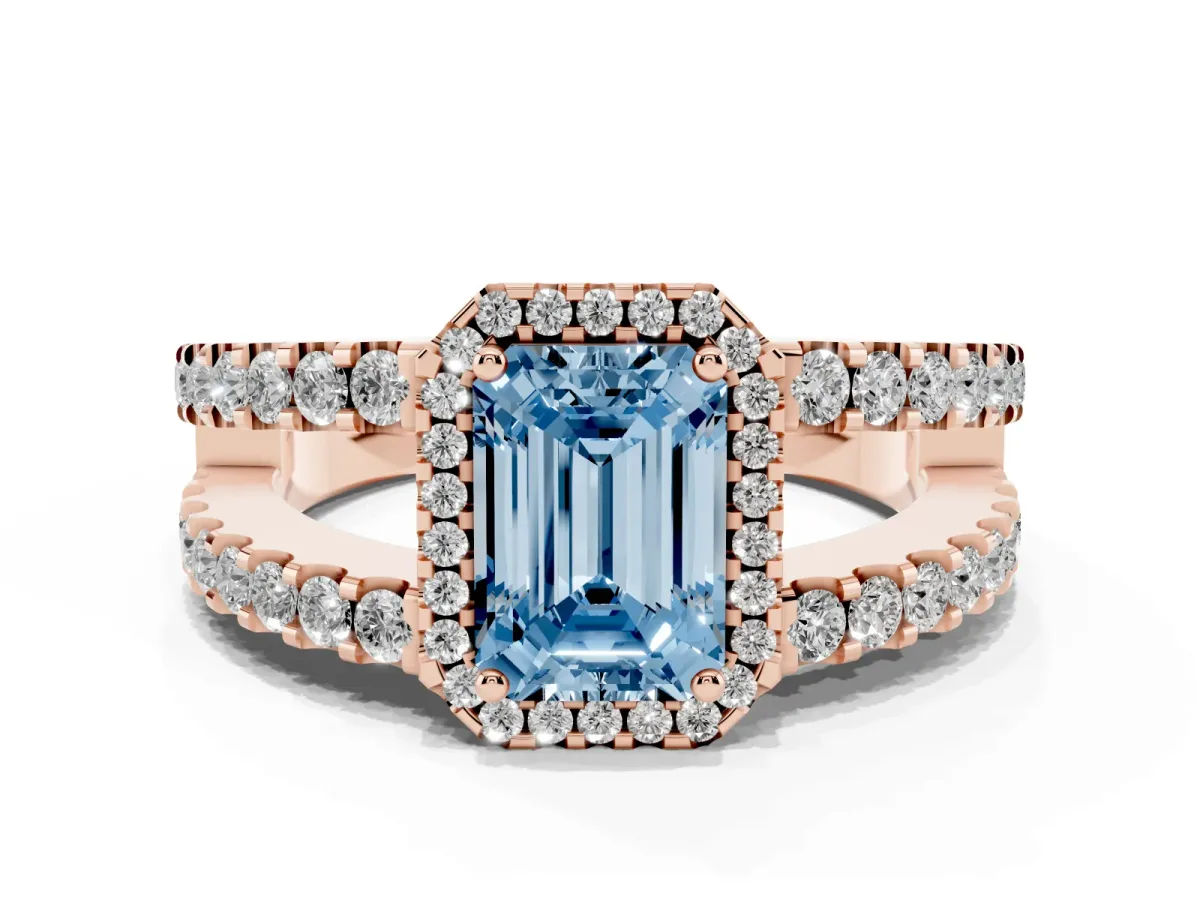 Fancy Blue Emerald Cut Cut Halo Split Shank Diamond Ring with Four-Prong Setting Rose gold
