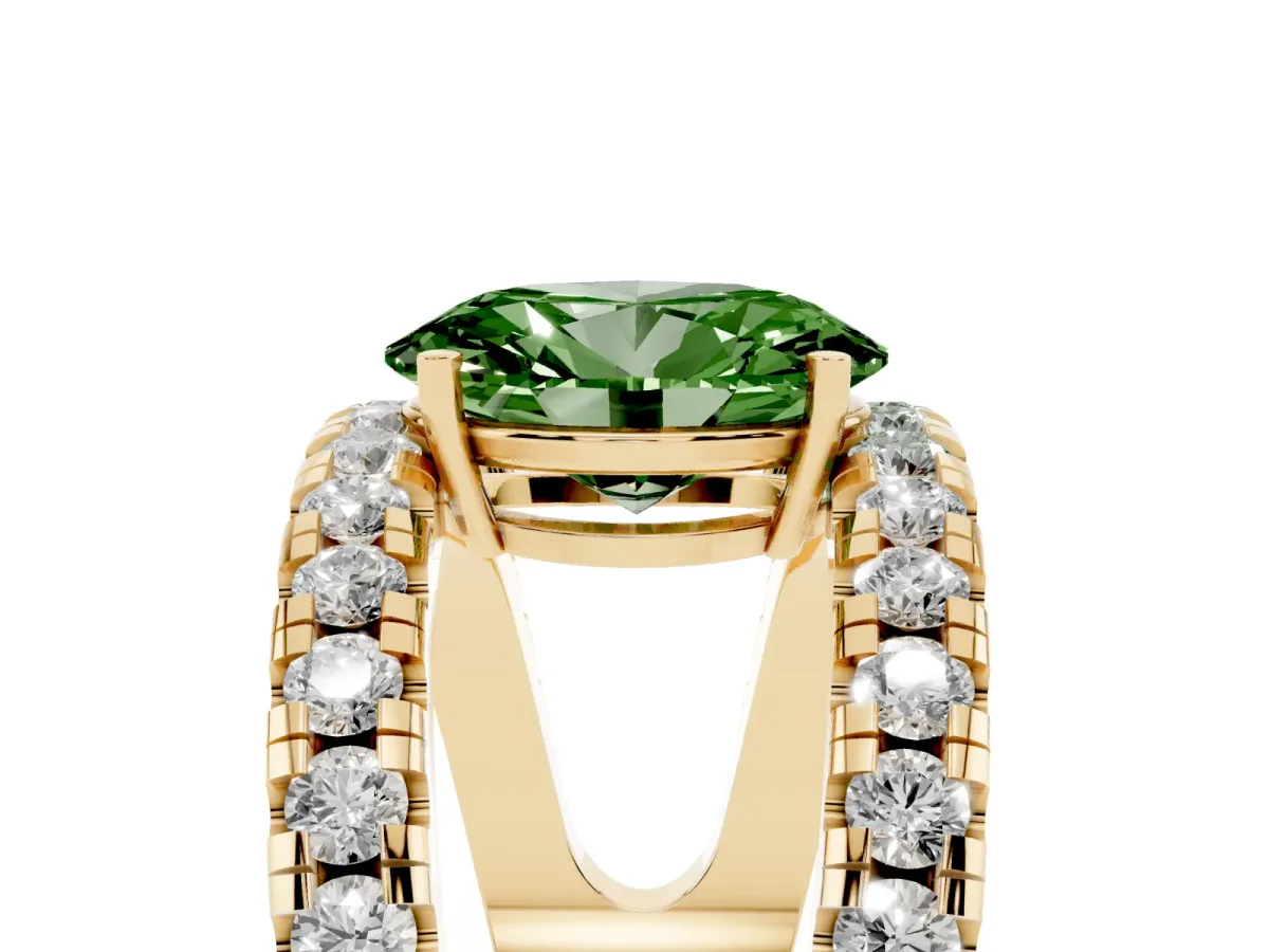 Fancy Green Oval Cut Solitaire Split Shank Pave Diamond Ring Yellow gold
