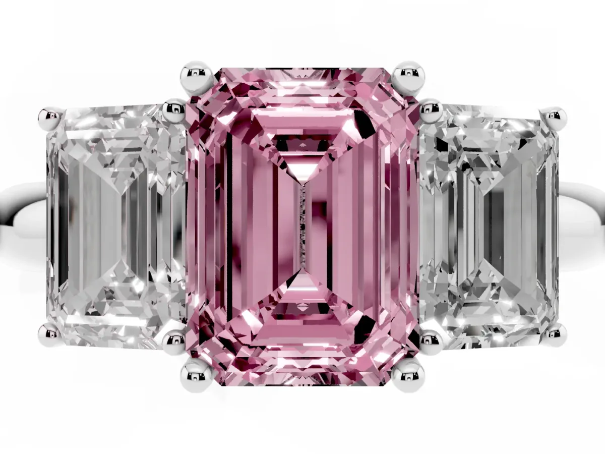 Fancy Pink Three-Stone Emerald Cut Cut Diamond Engagement Ring with Prong Setting on a White Gold Band White gold