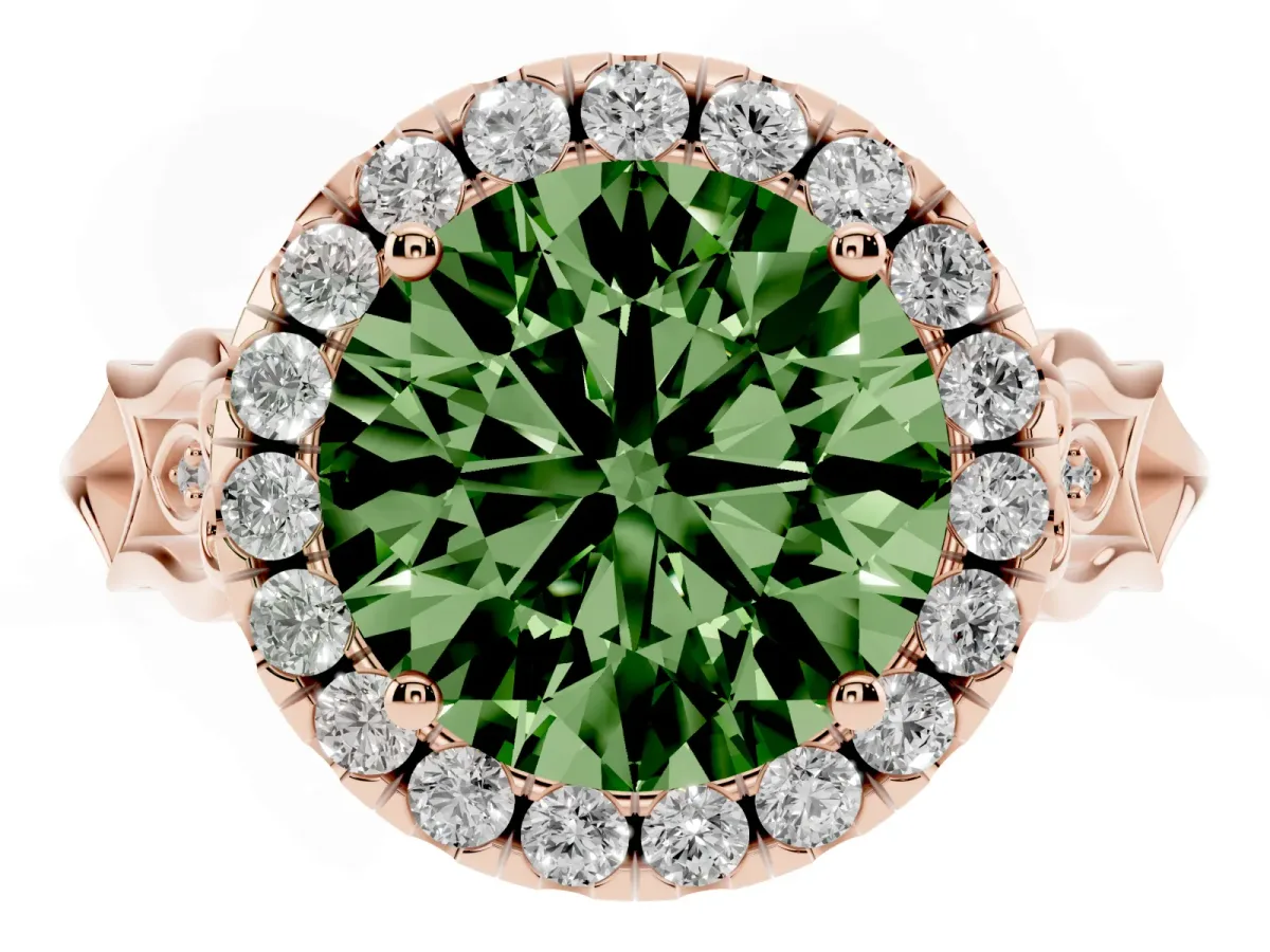 Fancy Green Round Cut Halo Diamond Engagement Ring with Filigree Band and Four-Prong Setting Rose gold
