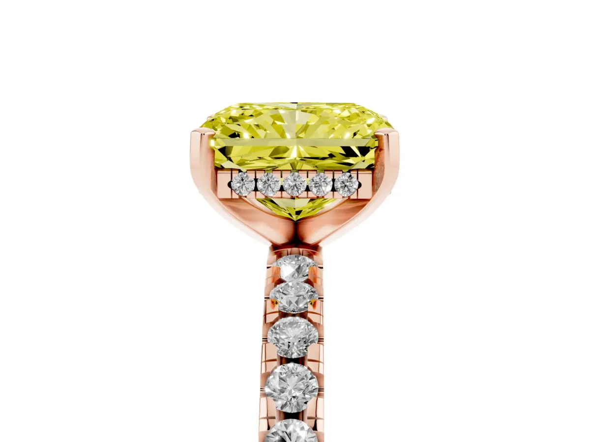 Fancy Yellow Radiant Cut Diamond Solitaire Ring with Round Pavé Band and Four-Prong Setting Rose gold