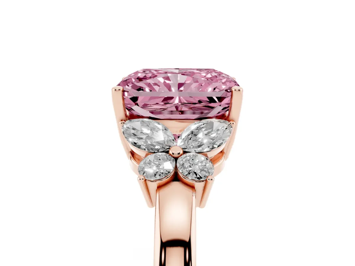 Fancy Pink Radiant Cut Cut Solitaire Floral Diamond Ring with Four-Prong Setting Rose gold
