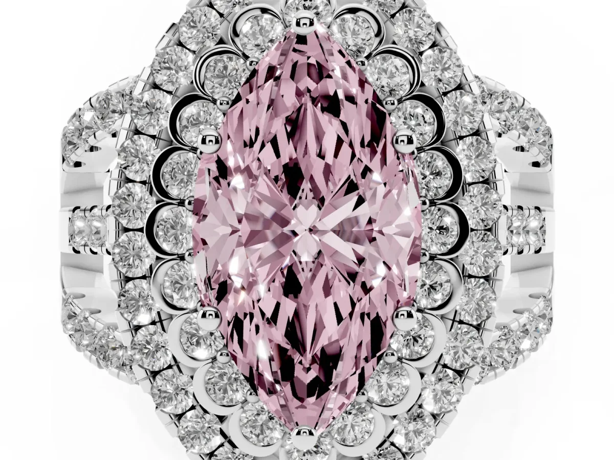 Fancy Pink Marquise Cut Diamond Double Halo Ring with Round Pavé Split Shank and Prong Setting Silver