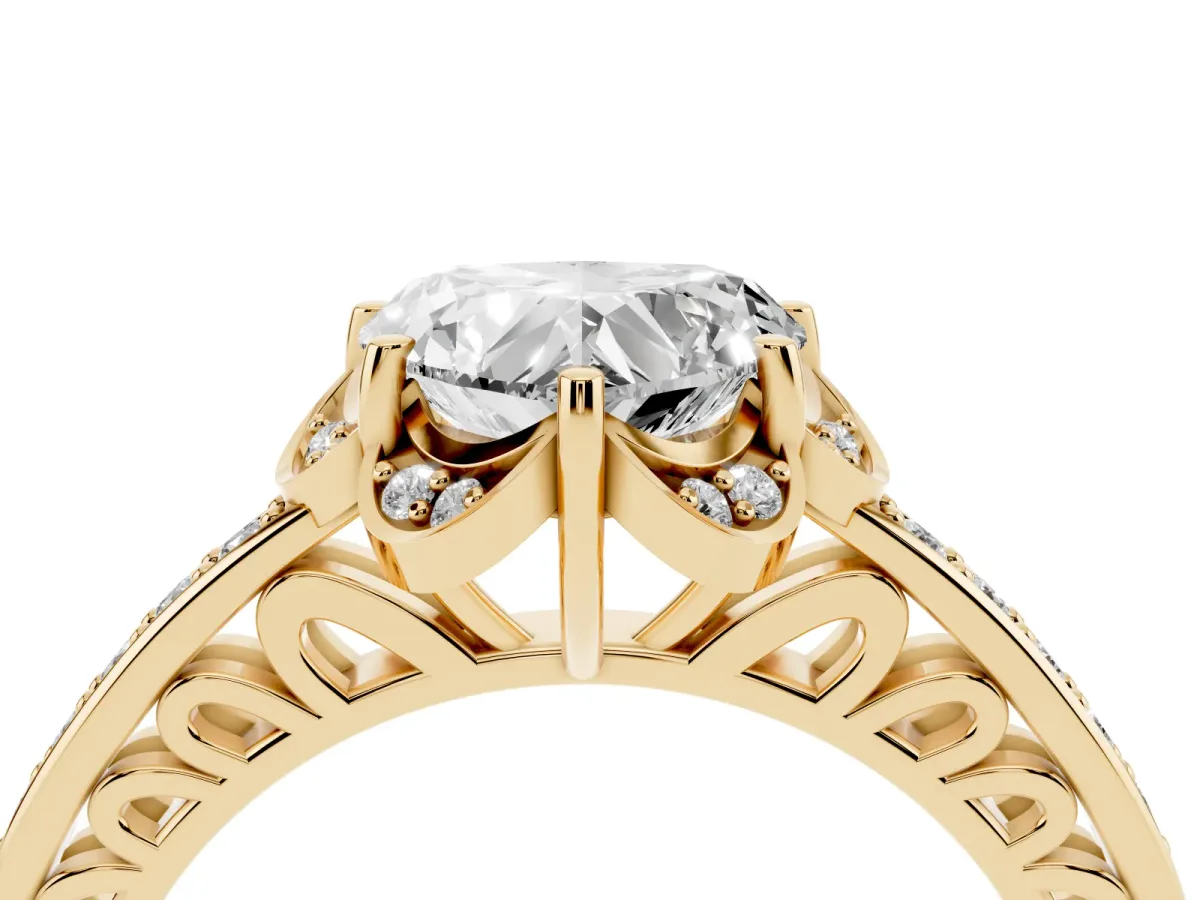 Heart Cut Cut Halo Diamond Ring with Channel Set Band and Four-Prong Setting Yellow gold