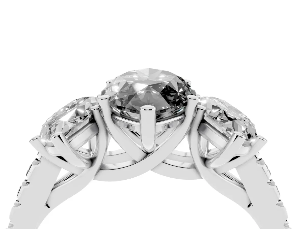 Fancy Black Three-Stone Marquise Cut Diamond Ring with Round Pavé Band and Prong Setting Silver